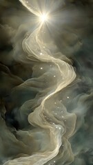 Surreal White Light Beams Breaking Through Silver Fog in Dreamlike Scene