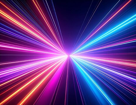 Symmetrical digital illustration depicting vibrant neon light streaks radiating outwards, creating a focal point in the center of the dark background - Powered by Adobe