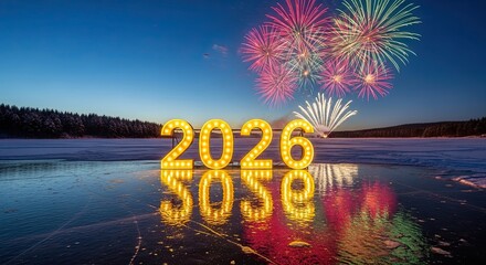 Happy New Year 2026 Fireworks Celebration Over Frozen Lake