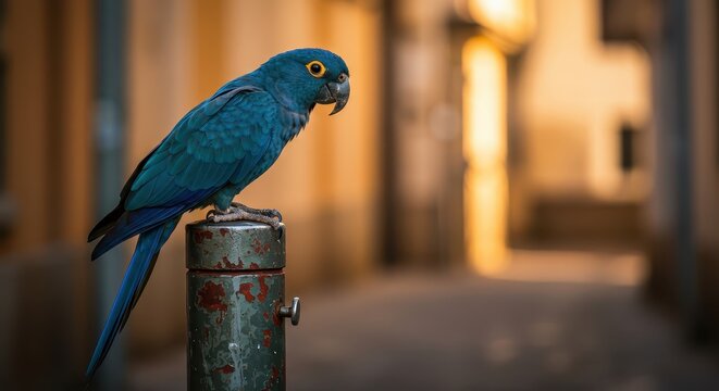 Brilliant blue macaw perches upon a weathered metal post in a soft focus urban passageway - Powered by Adobe