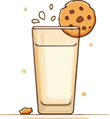 llustration of a Glass of Milk with Cookie in Minimalist Style