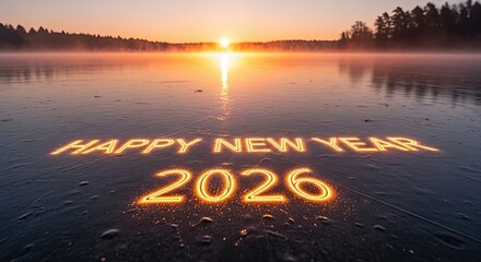 Happy New Year 2026 Sunrise Over Frozen Lake