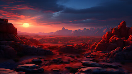 Surreal martian landscape with red rocks and mountains under a fiery sunset sky