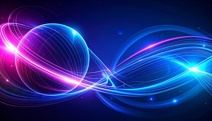 A vibrant abstract illustration featuring a glowing sphere encircled by radiant rings, and dynamic, wavy light trails in a space theme