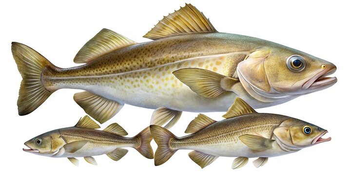 Family of cod fish swimming together detailed aquatic life