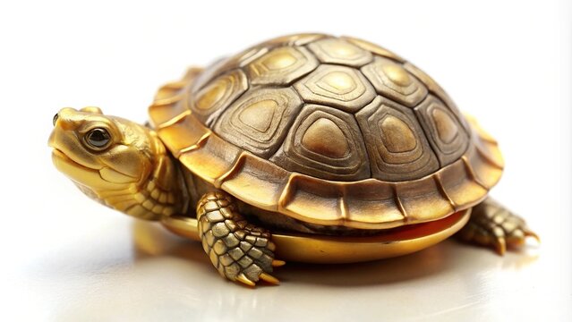 Adorable golden coin turtle realistic creature isolated on white