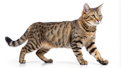 Side view of a majestic spotted cat walking isolated on a clean backdrop