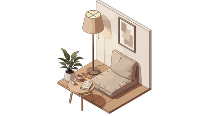 Cozy minimalist isometric room with armchair, lamp, and indoor plant