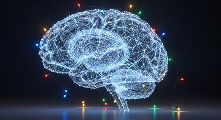 Abstract digital visualization of a glowing human brain made of interconnected lines and nodes, symbolizing artificial intelligence and neural networks