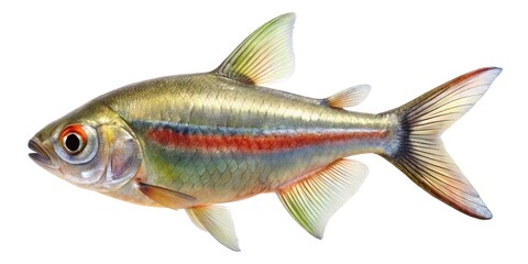 Detailed photo of a neon tetra fish isolated on a plain background