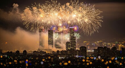 Brilliant Fireworks Display Lights Up City Skyline at Night