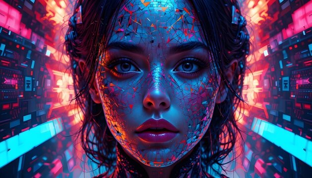 &ldquo;Futuristic portrait hiding a second face within digital distortion patterns&rdquo;
