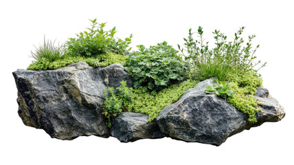 Rock ornamental plants showing decorative greenery arrangement with natural stones and small garden aesthetic detail isolated on white background