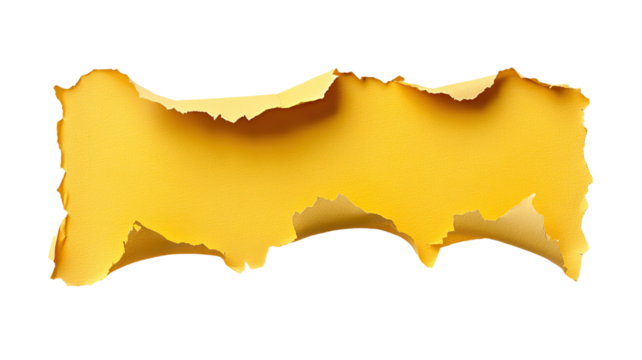 Yellow ripped paper torn showing rough textured sheet with jagged edges and creative background element detail isolated on white background