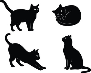 PrintBlack cat silhouette collection, stretching, sitting, walking, and sleeping feline poses, minimalist vector illustration, cute domestic pet design, artwork