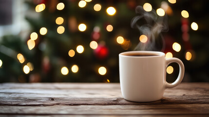 Steaming coffee cup on rustic wooden table with blurred Christmas tree lights in background, perfect for cozy winter scenes, holiday beverage promotions, and festive decor designs