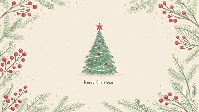 A beautifully decorated christmas tree stands centered, adorned with delicate lights and a bright red star, framed by festive branches and berries on a cream backdrop