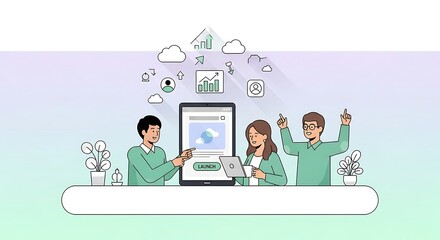 Dynamic team launching innovative app on tablet for cloud based solution, brainstorming growth strategies and data driven insights for business success