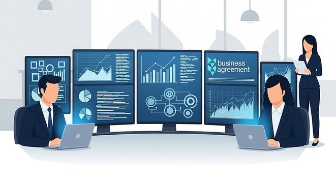 Dynamic business team analyzing financial data and growth charts on multiple monitors in modern office, planning for success and business agreement - Powered by Adobe