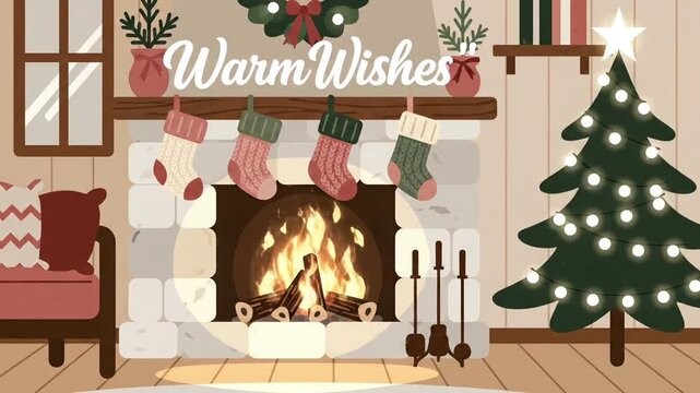 Cozy Animated Christmas Living Room with Fireplace and Tree.