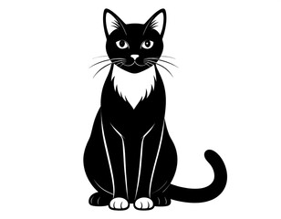 Symmetrical black cat with white bib, sitting erect, tail curled