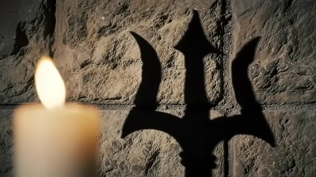 Trident shadow on stone wall with candle.