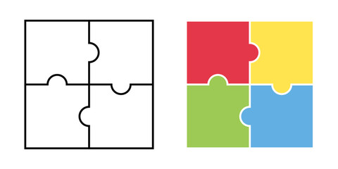 四角いパズル型図形のテンプレートセット　4ピースパズルプロセス図　黒(線画)　カラフル　ベクターイラスト
