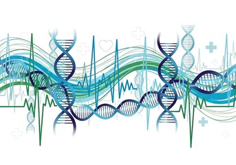 Dna helix and heartbeat line isolated on white background
