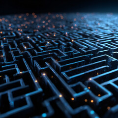 Fototapeta premium A cinematic 3D render of a glowing, circuit-like labyrinth inside a sleek, dark-blue digital brain, representing complex AI thought, dramatic volumetric light, high detail