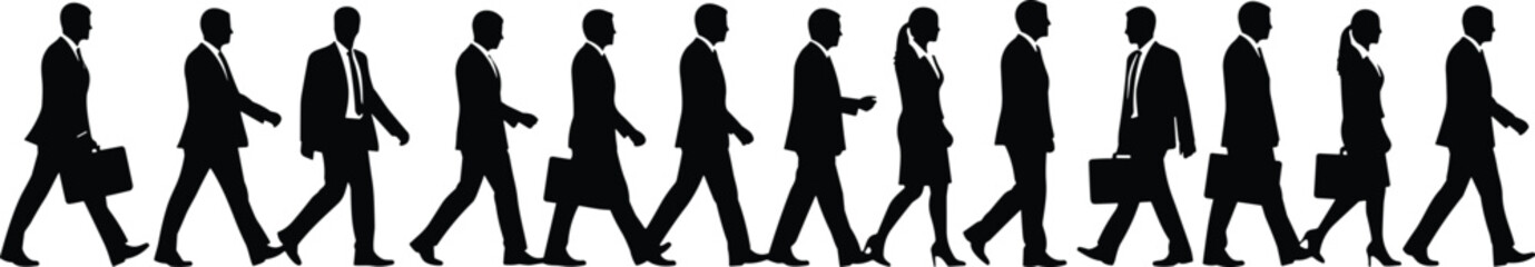 Business people walking, corporate silhouettes, professional attire, office commute, workforce motion, career journey, teamwork concept, vector illustration, business culture, group movement