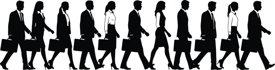 Business professionals walking, alternating genders, corporate silhouettes, formal attire, office culture, teamwork motion, vector illustration, workplace diversity, uniform movement