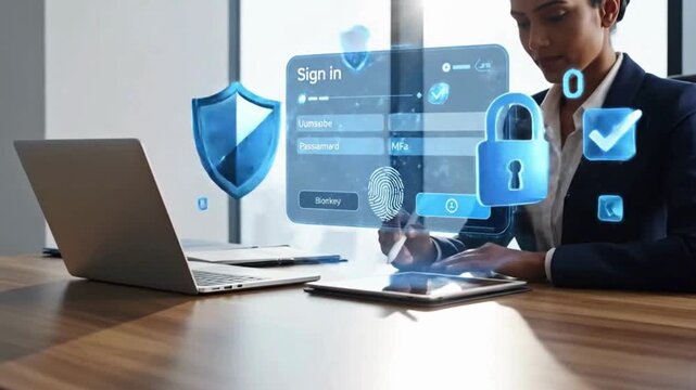 Executive Signing In with Passwordless Biometric Login on Tablet with Floating Cybersecurity Icons