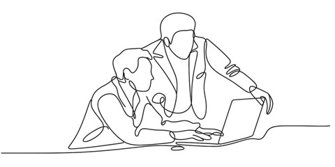 Continuous line drawing of two business professionals collaborating on a laptop, depicting teamwork, discussion, and modern office work. Vector