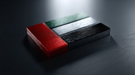 Flat metallic cutout of United Arab Emirates flag embedded within polished black surface strong overhead light casting sharp