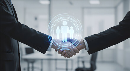 Business Handshake with Teamwork Icon, Representing Partnership and Collaboration in Office