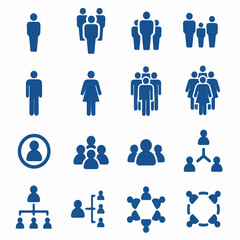 A collection of blue vector icons depicting various representations of people, groups, teams, and organizational structures, including individuals, small gatherings, and interconnected networks.