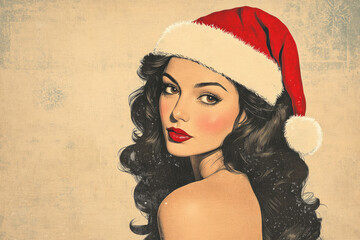 A vintage style illustration of a beautiful woman wearing a Christmas santa hat