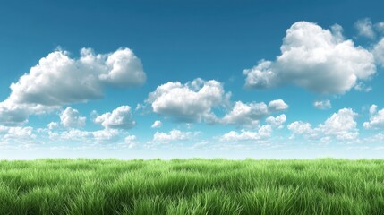 Fototapeta premium Lush Green Grass Under a Bright Blue Sky with Fluffy White Clouds on a Sunny Day, Perfect Natural Landscape for Recreation and Outdoor Activities