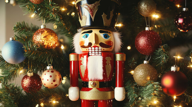 A regal nutcracker soldier stands proudly amidst a shimmering Christmas tree, adorned with festive ornaments and twinkling lights, creating a magical holiday scene. - Powered by Adobe