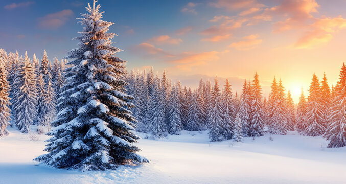 Winter landscape wallpaper with pine forest covered with snow and scenic sky at sunset. Snowy fir tree in beauty nature scenery. Christmas and new year greeting card background