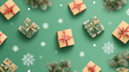 Christmas seamless pattern with gift boxes and snowflakes on green background