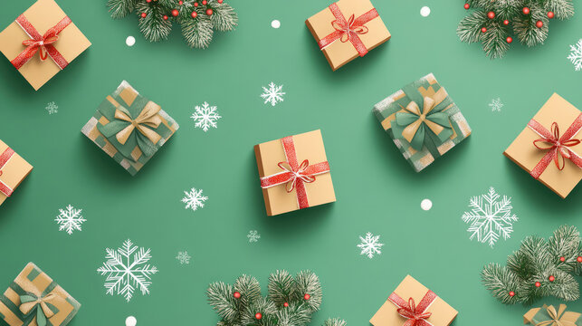 Christmas seamless pattern with gift boxes and snowflakes on green background