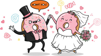 Cute donut couple wedding illustration, funny bride and groom donuts, romantic love cartoon art, sweet dessert marriage concept