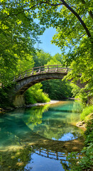 Fototapeta premium Serene Wooden Bridge Arching Over Crystal River