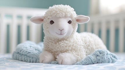 Fluffy white lamb toy on baby bedding