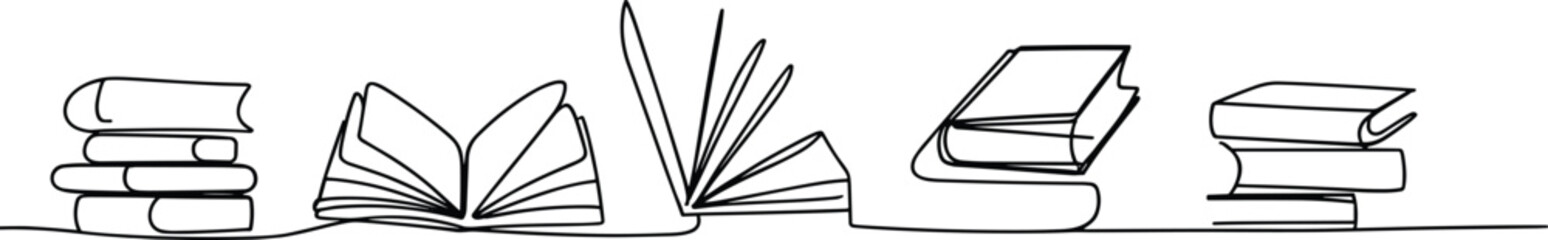 Minimalist book line art, continuous drawing set, open and closed book icons, literature sketch collection, black and white education design