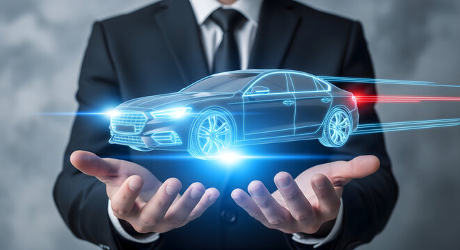 Professional businessman presents futuristic car technology in dynamic digital display - Powered by Adobe
