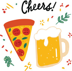 Pizza & Beer Cheers – Flat Vector Art