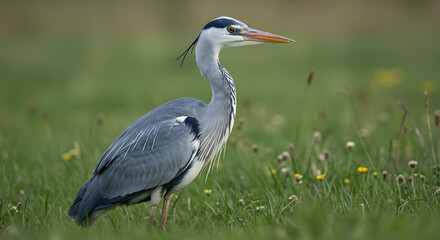 Fototapeta premium Grey Heron in Meadow, Profile View, Soft Light