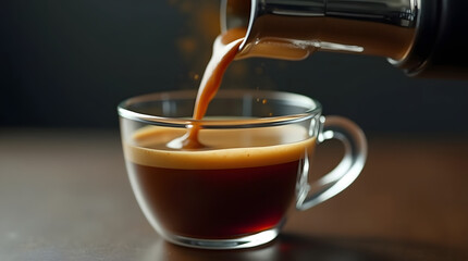 Macro shot of rich, dark espresso pouring from a portafilter into a glass cup. Dynamic coffee-making process.